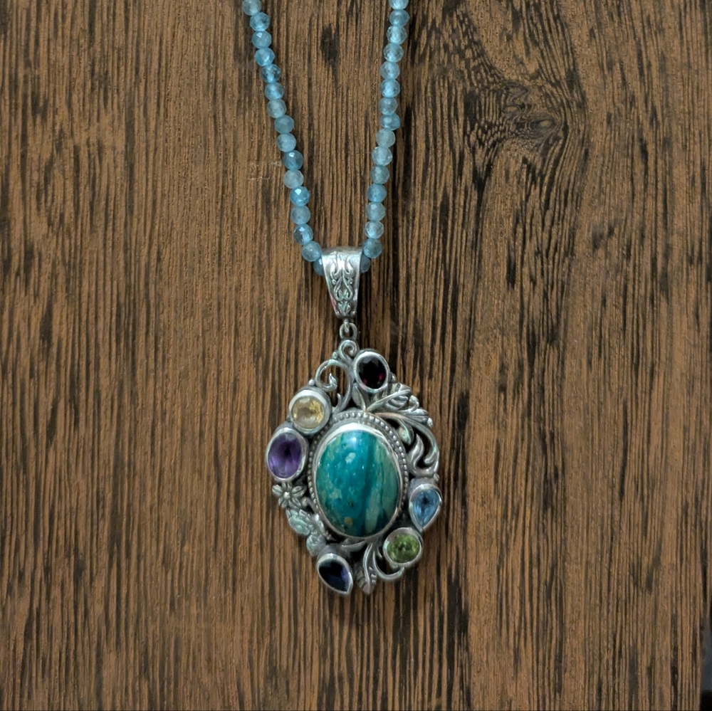 Sterling Silver Genuine Multi-Gemstone Pendant On A 20in Beaded Necklace